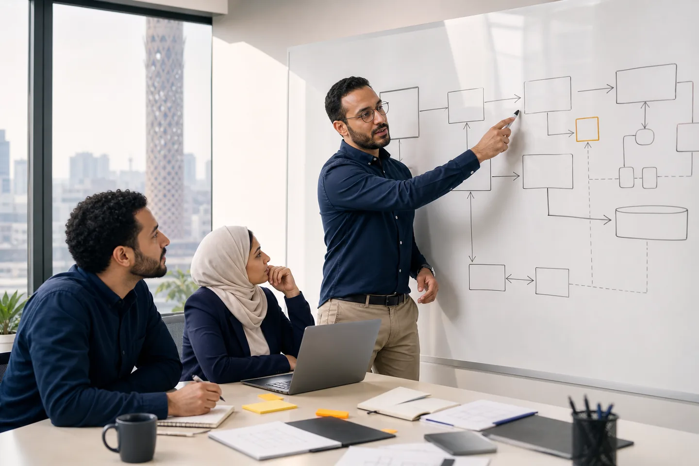 فريق يناقش سير عمل وتكامل أنظمة على لوحة